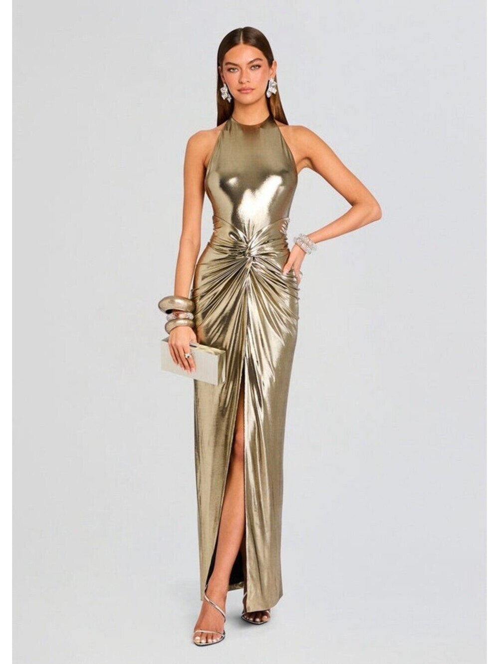 $798 Retrofete Anida Dress Silver Lame Knotted Halter Designer Rare Small/Medium